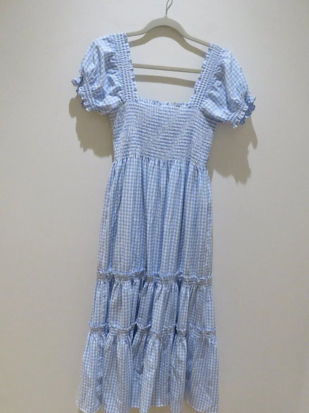 O.P.T Daphne Gingham Smocked Tiered Midi Dress Medium Trad Wife Cottagecore - Picture 13 of 16